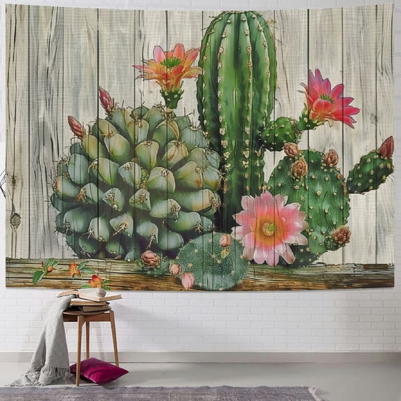 GOSMITH Green Cactus Pink Flower Wall Hanging Tapestry Plant Succulent Leaf on Wooden Plank Backdrop Home Art Decor for Men Women Boys Girls Painting
