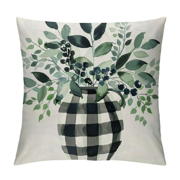 GOSMITH Green Eucalyptus Leaves Spring Throw Pillow Covers Greenery Buffalo Plaid Outdoor Spring Summer Farmhouse Decorations Decorative Throw Pillows Cases for Home Couch Sofa Decor White