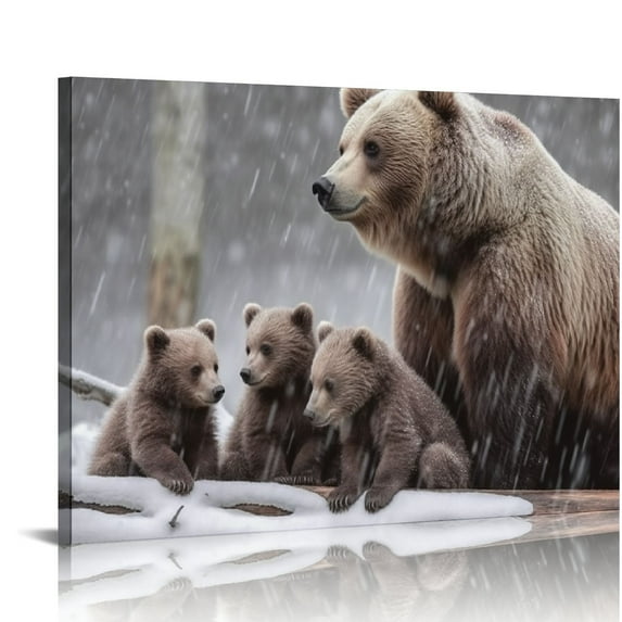 GOSMITH Grizzly Bear Wall Art Decor: Grey Bear Mama and Cubs Framed Pictures Woodland Animal Poster Snowy Winter Canvas Prints for Room Nursery Cabin Decorations