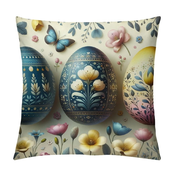 GOSMITH Happy Easter Pillow Covers, Striped Hello Spring Floral Bunny Rabbit Eggs Decorative Farmhouse Throw Pillowcases for Home Sofa Couch Decoration (Blue)