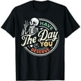 thumbnail image 1 of GOSMITH Have The Day You Deserve Peaceful Sign Motivational Skeleton T-Shirt black, 1 of 3