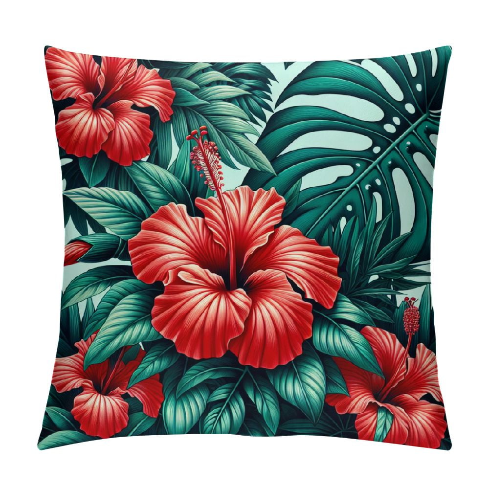 DZGlobal Red Hibiscus Throw Pillow Cover – 18x18 Inch Tropical Hawaiian Floral Linen Blend