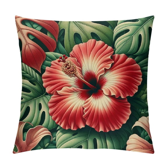 GOSMITH Hibiscus Flower Throw Pillow Covers , Square Plush Hawaiian Pillow Covers, Tropical Outdoor Pillows Covers, Hawaii Decor for Bedroom, Sofa, Living Room