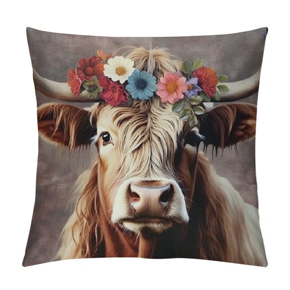 GOSMITH Highland Cattle Pillow Cover Print Farmhouse Style Rustic Animal Floral Square Throw Pillow Cover for Bed or Sofa Decor Cowhide Print Decorative Cushion Cover,