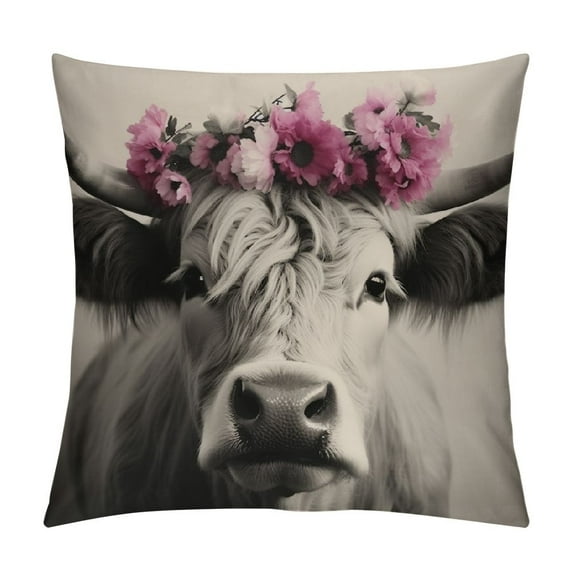 GOSMITH Highland Cow Throw Pillow Cases Highland Cow Flowers Decoration Pillow Covers Square , Farmhouse Home Decor Cow Cushion Covers with Hidden Zipper