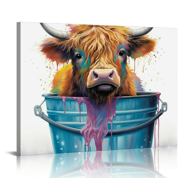 GOSMITH Highland cattle Wall Decor Canvas Art Cartoon Prints watercolor style Pictures Posters Modern Artwork Paintings Home Wall Decoration Kids cute style Bedroom Gift