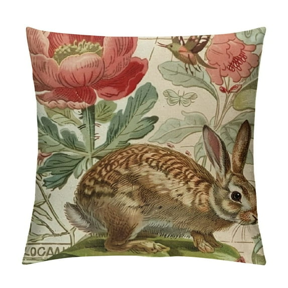 Leisuo Hopyeer Rustic Vintage Animals Throw Pillow Covers Decorative Cute Rabbits Dragonflies Robin Birds Butterfly Classical Garden Flowers Pillow Cushion Cover White