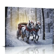 GOSMITH  Horse Drawn Sleigh Canvas Print Snowy Winter Scene Light Up Wall Art with Cardinals