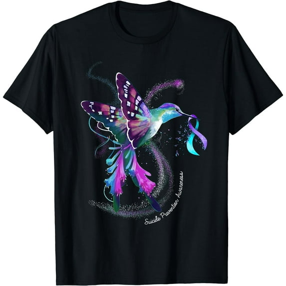 GOSMITH Hummingbird Purple Blue Ribbon Suicide Prevention Awareness T-Shirt 210179-black