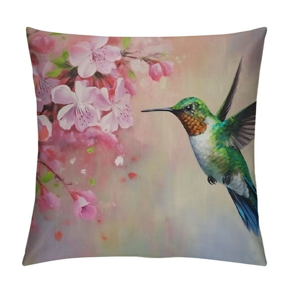 GOSMITH Hummingbird Throw Pillow Cover Lovely Hummingbird and Pink Flowers Oil Painting Art Decorative Rectangular Pillowcase for Sofa and Bed Couch
