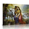 thumbnail image 1 of GOSMITH  Indian Style Radha Krishna Carrying His Cow and Flute By The River Poster Canvas Prints Modern Office Living Room Kitchen Bathroom Gift Decor Wall Art, 1 of 4