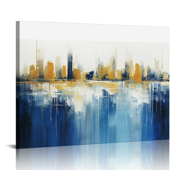 GOSMITH Indigo Blue and Gold Wall Art for Living Room Abstract Wall Decor Canvas Paintings Cityscape Modern Skyline Large Size Pictures Framed Artwork Bedroom Office 20x16in