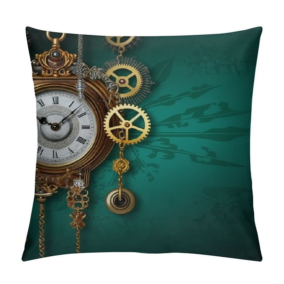 GOSMITH Industrial Throw Pillow Cushion Cover, Antique Items Watches Keys and Chains with Steampunk Influences Illustration, Decorative Square Accent Pillow Case, Green Gold