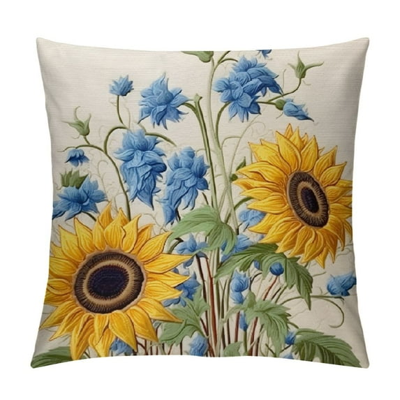 GOSMITH Ink Painting Watercolor Yellow Sunflowers Blue Flowers Summer Decorative Throw Pillow Cover Case Home Living Room Bed Sofa