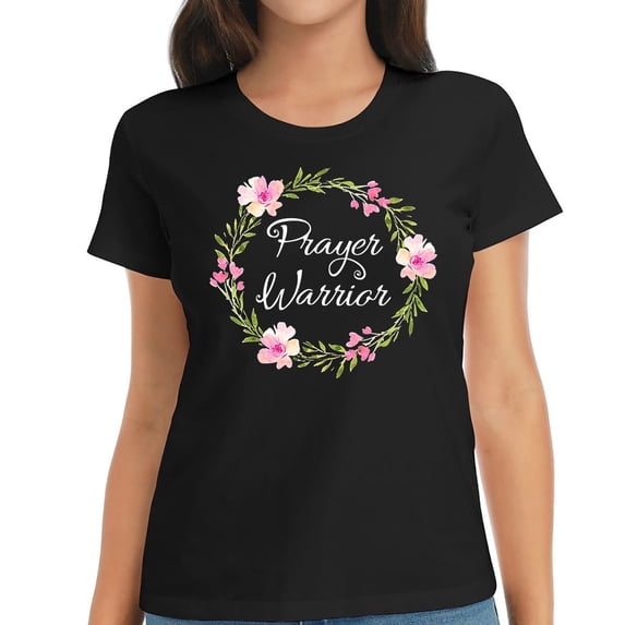 Leisuo Inspirational Prayer Warrior T-shirt Women's Short Sleeve Graphic Tee black