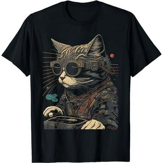 GOSMITH Japanese Woodblock Print Cyberpunk Cat Wearing VR Glasses T-Shirt black