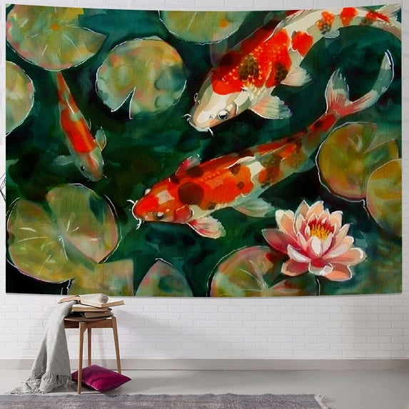 GOSMITH Koi Fish Tapestry Wall Hanging Water Lilies Home Decor Painting