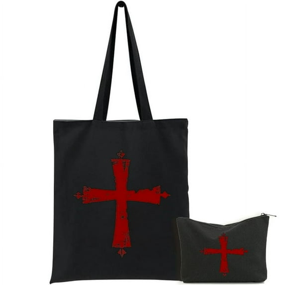 GOSMITH Large Tote Top Handle Shoulder Bags 2 Pcs Canvas Tote Bags Cute Aesthetic Tote Bags with Zipper Knights Templar Crusader Cross Black