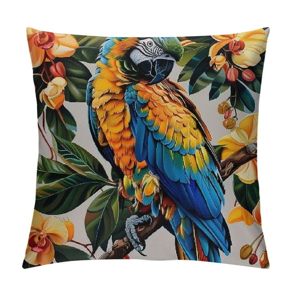 GOSMITH Leaf Throw Pillow Cover Parrot Bird Plant Flower Petals Hand Drawn Green Decorative Square Big Washable Soft Patterned Sofa Outdoor Bed Dorm Living Room Pillow Cases White