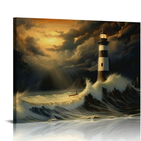 GOSMITH Lighthouse in a storm, black and white, tsunami waves, framed canvas print, ready to hang framed wall art, Canvas, Arts