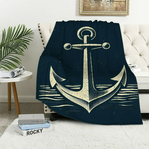 GOSMITH Lightweight Anchor Navy Blue White Nautical Sailing Decor Anchor Square Flannel Blanket White