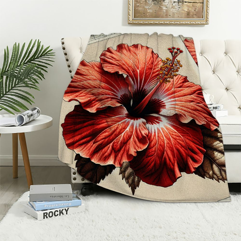 GOSMITH Lightweight Soft Blanket Cover Red Hibiscus Flower on A White ...