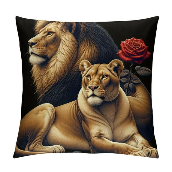 GOSMITH Lion Rose Pillow Cover ,Wildlife Animals Red Rose African Couple Lion Farmhouse Country Print Throw Pillow Cover Set for Couch Sofa Living Room