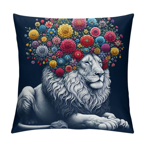 Leisuo Lion Throw Pillow Covers Adorable Animal with Beautiful Flower Wreath Farmhouse Decorative Cushion Cover Square Accent Pillow Cases for Sofa Couch White