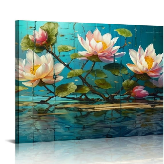 GOSMITH Lotus Flower Wall Art for Living Room, Floral Canvas Wall Decor for Bedroom, Teal Vintage Print Painting, Colorful Artwork for Home, Aesthetic Picture Decoration