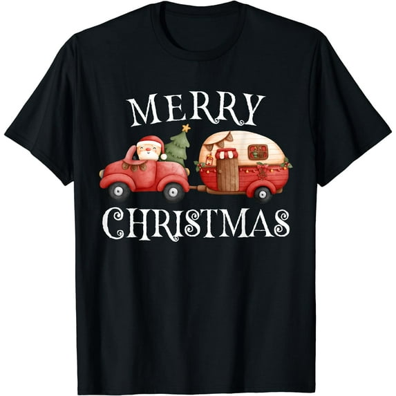 GOSMITH Merry Christmas Camping Cute Santa Claus Red Truck Camper T-Shirt 196835-black