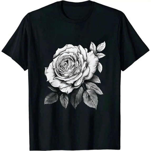 GOSMITH Minimalistic Rose Flower on black and white Rose T-Shirt