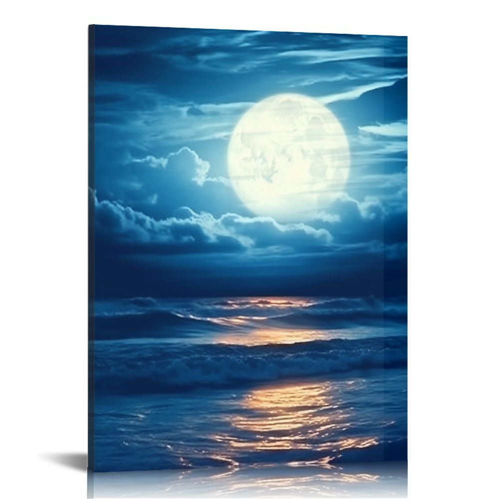 GOSMITH Modern Blue Clouds Landscape Canvas Wall Art Moon Sea Beach ...