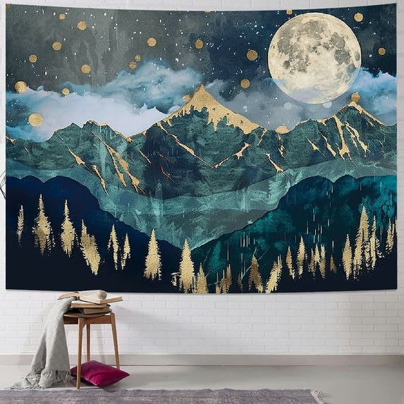 GOSMITH Mountain Tapestry Nature Forest Tapestry for Bedroom Aesthetic Moon Starry Night Tapestries Teal Blue Landscape Tapestry Wall Hanging for Living Room Dorm Painting