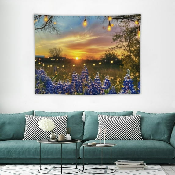GOSMITH Nature Tapestry, Country Scenery Meadow at Sunset Spring Season Beauty Foliage Eco Picture, Wide Wall Hanging for Bedroom Living Room Dorm, Lavender Green