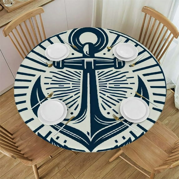 GOSMITH Nautical Anchor on Blue and White Stripes Round Tablecloth, Full Width Single-Sided Printing, 100% Polyester Fiber, Elastic Band Closure, Suitable for 36in-70in Round Tables White