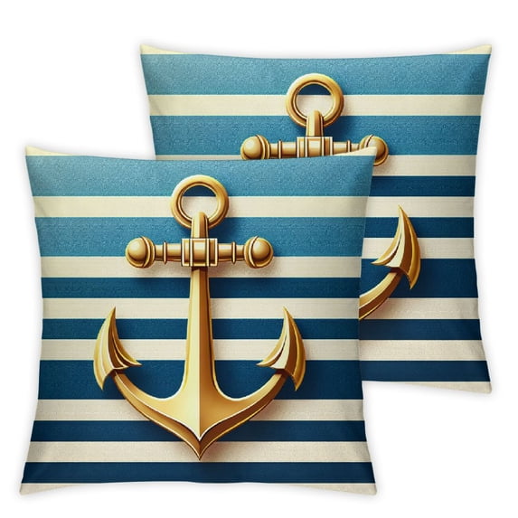 GOSMITH Nautical Decorative Stripes and Gold Anchor Pattern Pillowcase 2-Pack Short Plush Pillowcase White