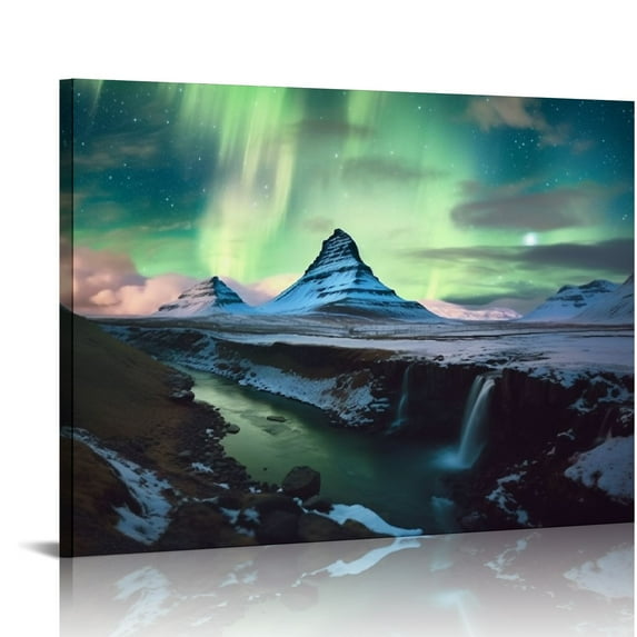 GOSMITH Northern Lights Wall Art, Canvas Wall Art Print, Iceland Mountain Wall Art, Aurora Borealis Painting, Aurora Borealis Picture, Snowy Mountain Canvas, Bedroom Wall Art, Landscape Wall Art.