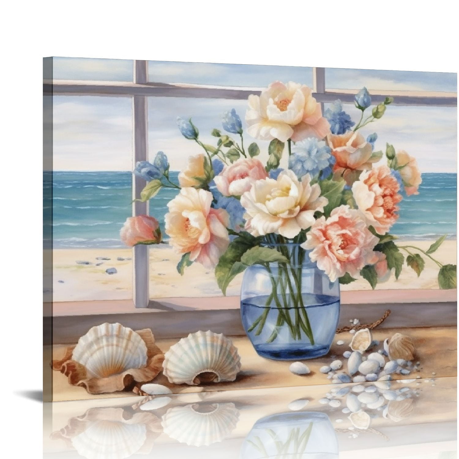 GOSMITH Ocean Beach Flower Wall Art Coastal Seashell Watercolor Floral ...