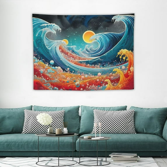 GOSMITH  Ocean Wave Tapestry Wall Hanging, Colorful Sea with Sun Sunset Tapestry,3D The Great Wave Tapestry Japanese Tapestry for Living Room Bedroom Dorm Decor