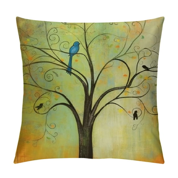 GOSMITH Oil Painting Tree and Bird Throw Pillow Cases Spring Season Decoration for Home Office Square Pillowslip,