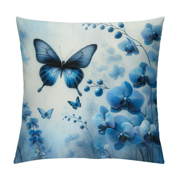 GOSMITH Orchid Throw Pillow Case Flowers Beautiful Butterflies Cushion Covers for Decorative Bedroom/Living Room/Sofa/Farm House Blue