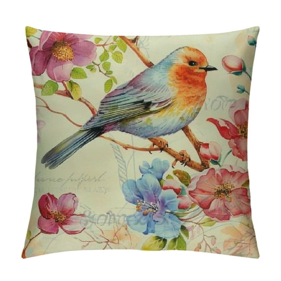 GOSMITH Outdoor Bird Decorative Throw Pillowcase, Bird Flower Both Sides Printed Spring Cushion Patio for Home Couch Sofa Decor White