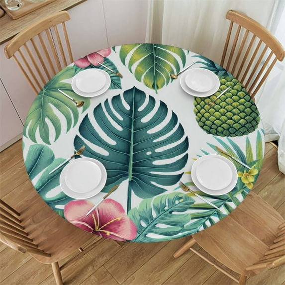 GOSMITH Outdoor Fitted Pineapples Rectangle Hawaii Summer Tropical Palm Leaves Flowers Blossom Farmhouse Waist Tablecloth White