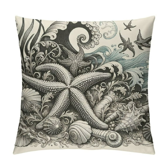GOSMITH Outdoor Throw Pillow Cover Watercolor Ocean Sea Conch Coral Waterproof Cushion Covers Seaweed Starfish on White Pillow Cases Home Decoration for Patio Garden Couch Sofa