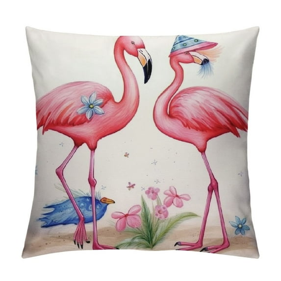 GOSMITH Pack of Outdoor Pillow Covers, Cute Cartoon Flamingo Wear Hats Waterproof Square Throw Pillowcase Decorative Cushion Pillow Covers for Couch Patio Tent,