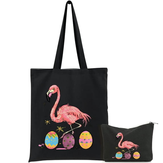 GOSMITH Packing Books Easter Flamingo Easter Bunny Egg Basket Funny Easter 2 Pcs Canvas Tote Bags Cute Aesthetic Tote Bags with Zipper Black