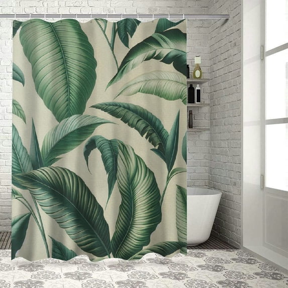 GOSMITH Palm Leaves Decorative Shower Curtain, Tropical Palm Leaves Jungle Leaf Design, Waterproof and Durable, Easy to Install, Bathroom Decoration White