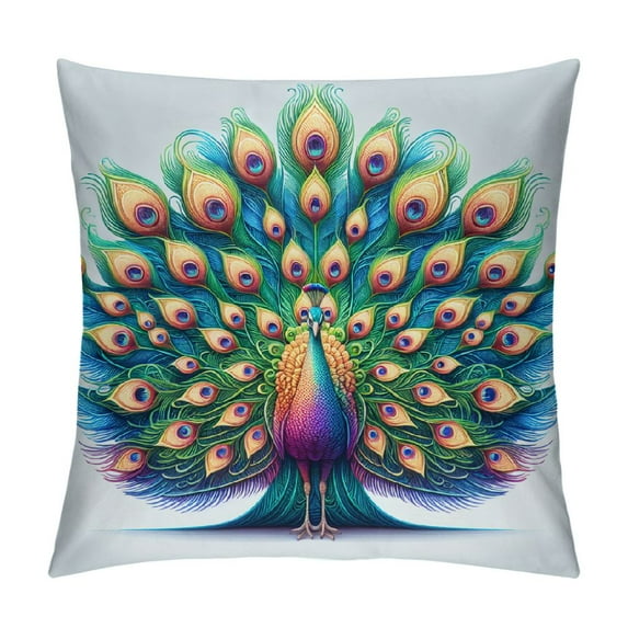 GOSMITH Peacock Pillow Sham, Ornate Peacock with Majestic Tail Feather Dangling Around Birds Wing Illustration, Decorative Printed Pillowcase