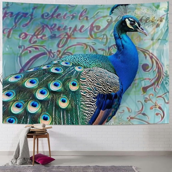 GOSMITH Peacock Tapestry Beautiful Blue Peacock Yellow Brown Teal Peacock Feather Retro Letter Background Classical Home Decor Wall Hanging Art for Living Room Bedroom Dorm Painting