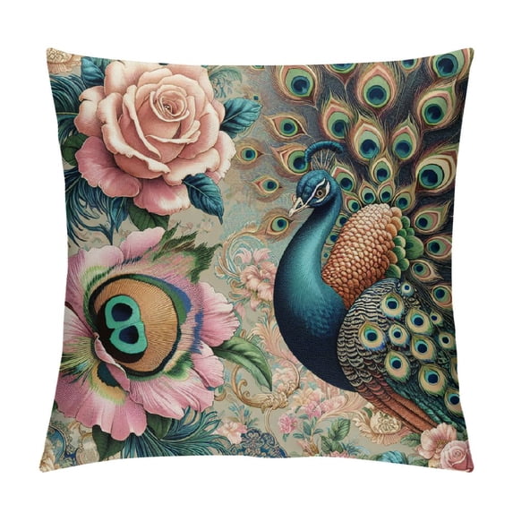 GOSMITH Peacock Throw Pillow Cushion Covers Green Peacock Bird and Pink Rich Flowers Decorative Square Accent Pillow Case